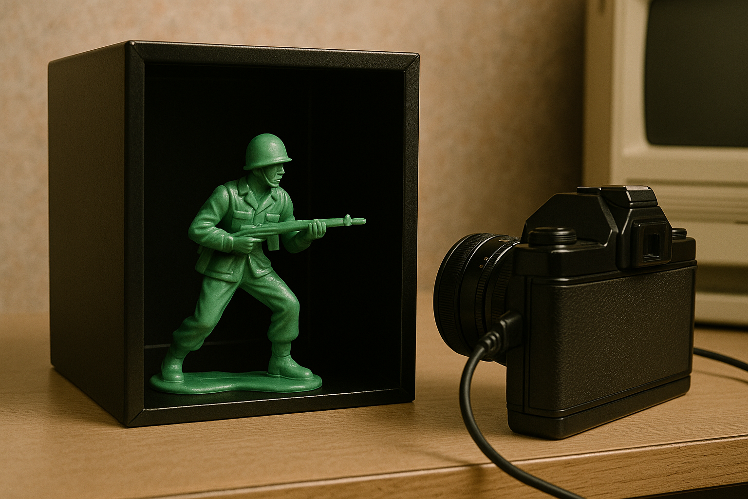 Toy soldier in a box, with a camera. Generated by Sora AI.